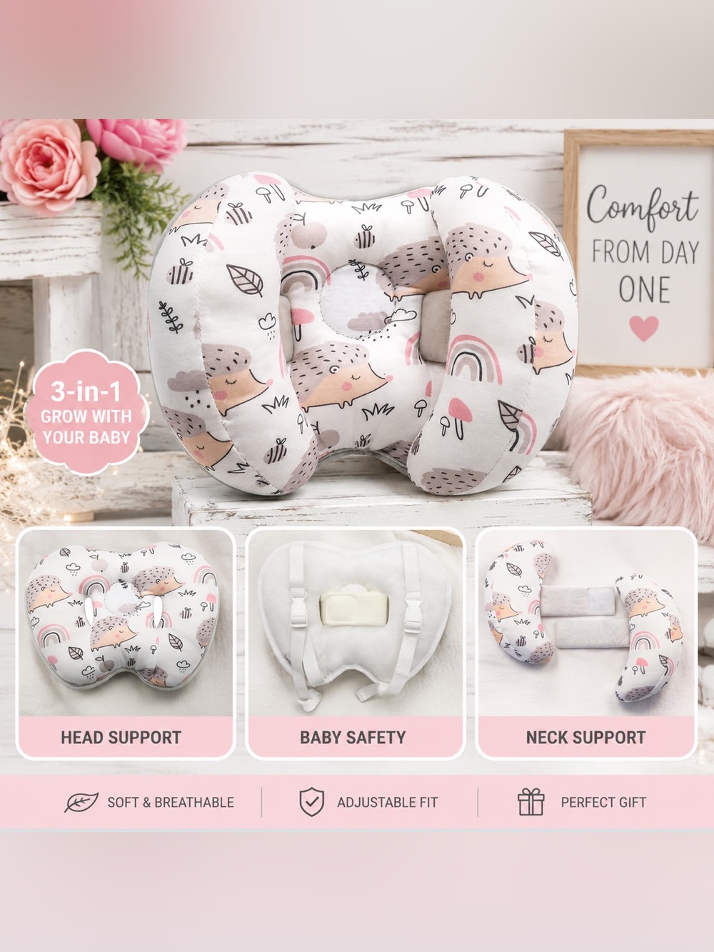 Pink Hedgehog Baby Neck Support Pillow - Soft Infant Head Cushion